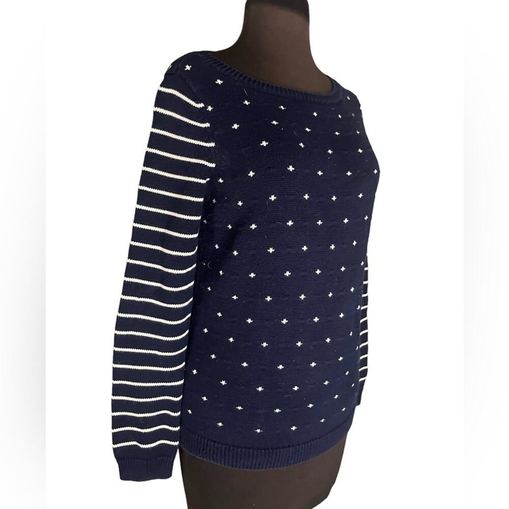 Talbots Cotton Navy White Dotted Striped Preppy Chunky Crew Neck Sweater S